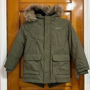 Eddie Bauer Olive Superior 650 Down Parka Coat Boys Unisex 5/6 Extra Small